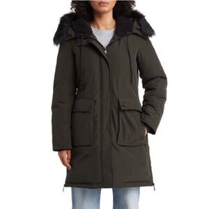 Sam Edelman Faux Fur Trim Parka Medium Olive NEW